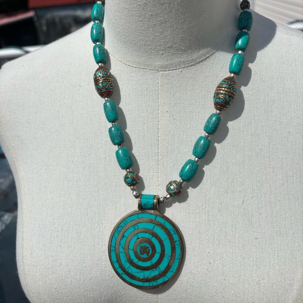 Turquoise Beaded Necklace with Spiral Pendant